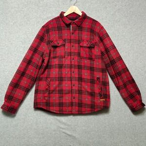 VOYAGER Mens Large Red Black Plaid Sherpa‎ Lined Flannel Shirt Jacket Snap Front